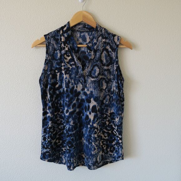 VINTAGE CLAUDIA RICHARD Blue Mixed Print Animal Print Sleeveless Top Sz M-L - Picture 1 of 6